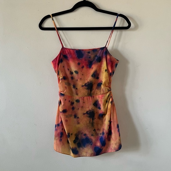 ROKH Gathered Waist Top in Tie Dye Orange Purple Multicolor Size EU 36 US XS - Picture 2 of 9